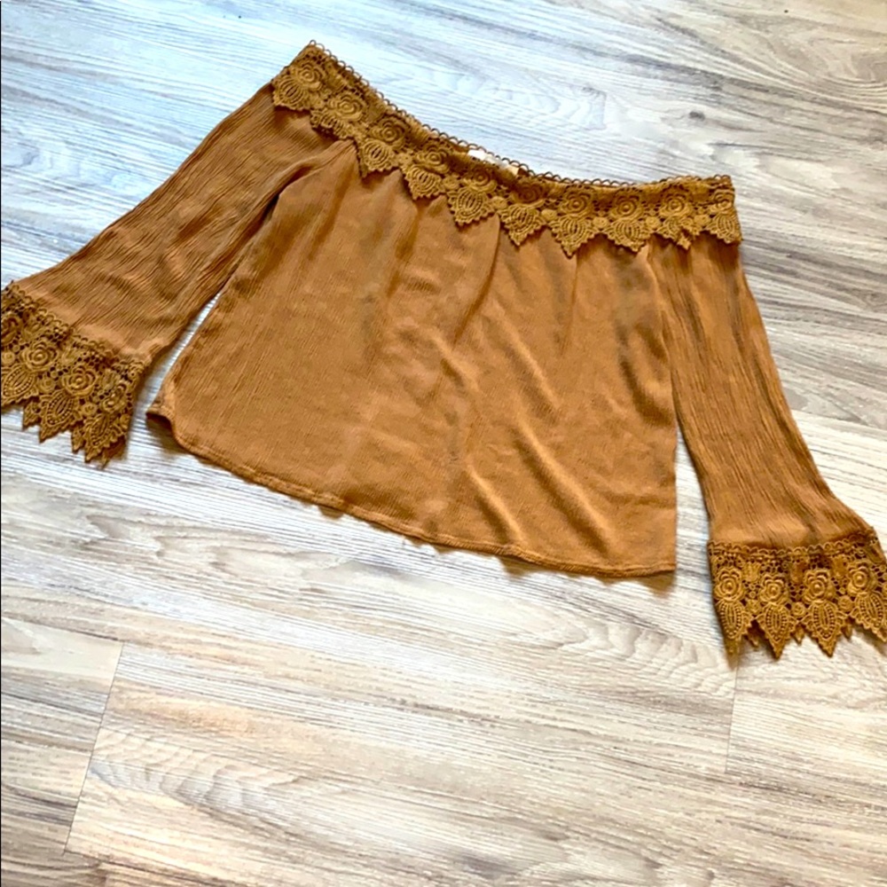 Camel Colored Off The Shoulder Lace Blouse
